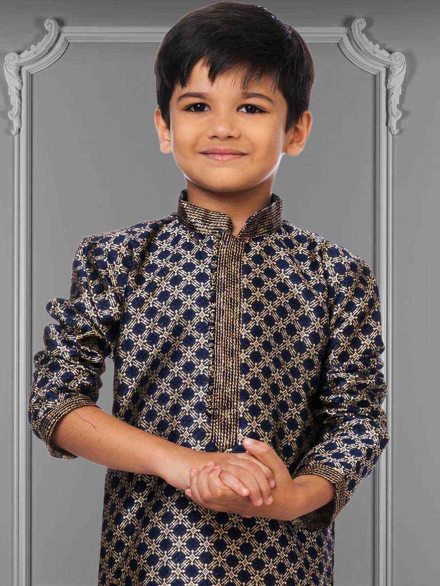 Navy Blue Jacquard Silk Embroidered Festival Kurta Pyjama Boys Wear