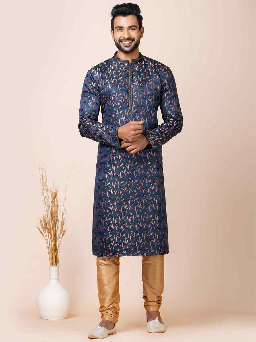 Navy Blue Jacquard Silk Woven Festival Mehendi Kurta