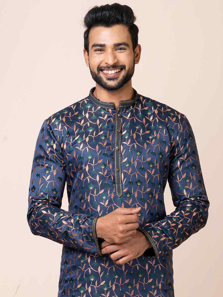 Navy Blue Jacquard Silk Woven Festival Mehendi Kurta