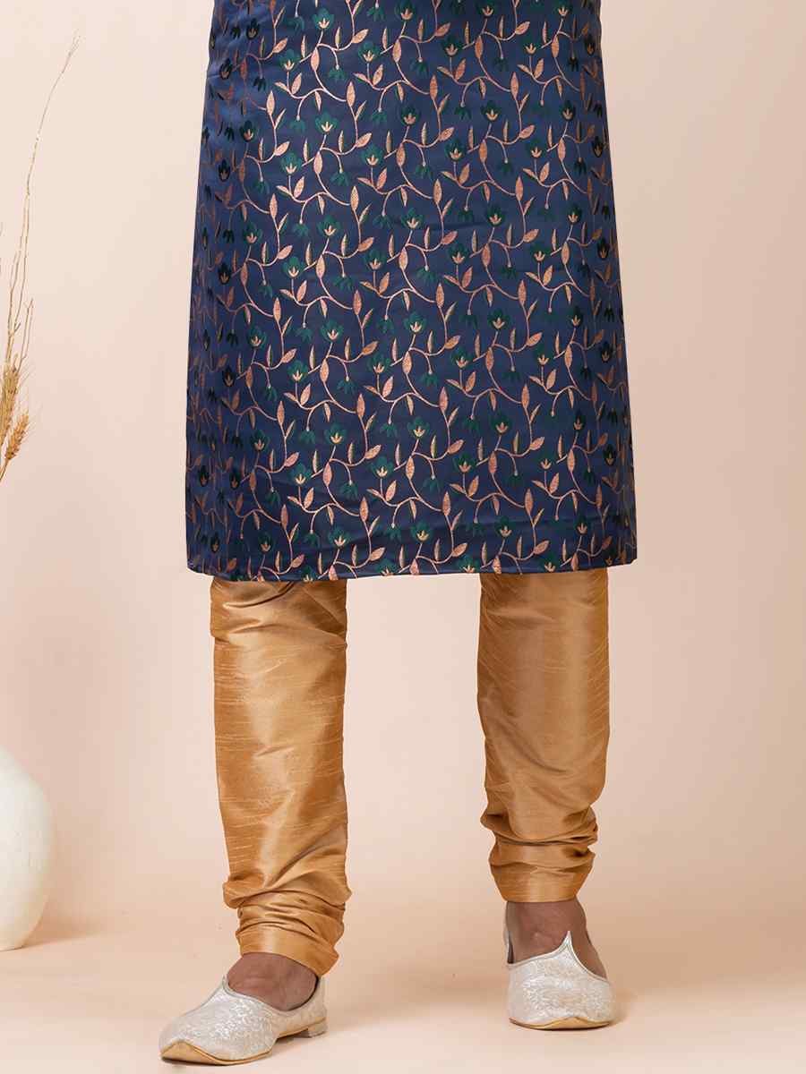 Navy Blue Jacquard Silk Woven Festival Mehendi Kurta