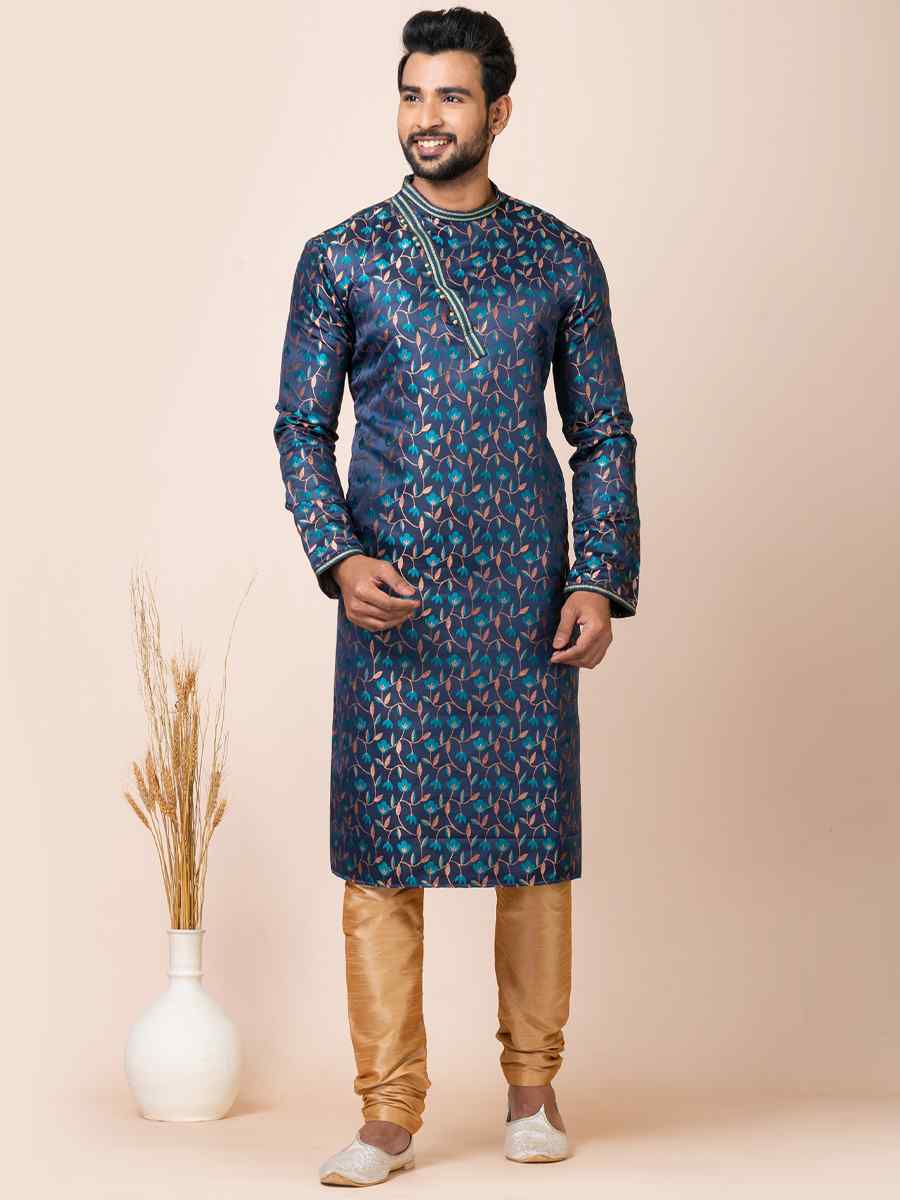 Navy Blue Jacquard Silk Woven Festival Mehendi Kurta