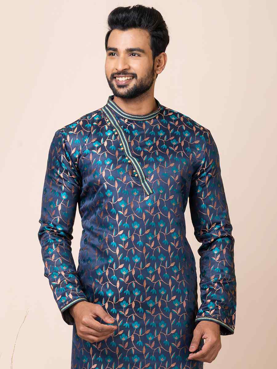 Navy Blue Jacquard Silk Woven Festival Mehendi Kurta