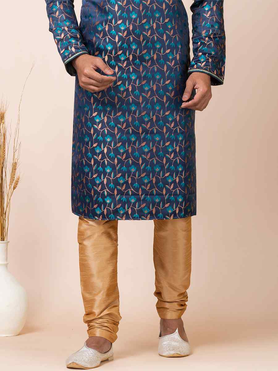 Navy Blue Jacquard Silk Woven Festival Mehendi Kurta
