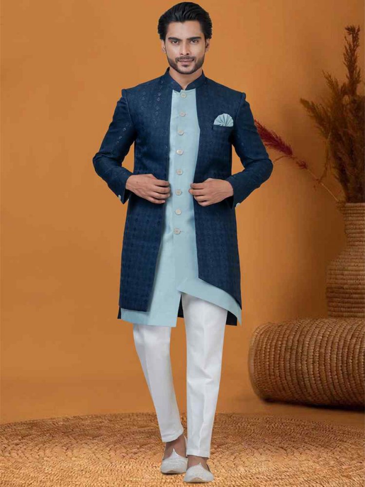 Navy Blue Jacquard Silk Woven Groom Wedding Sherwani