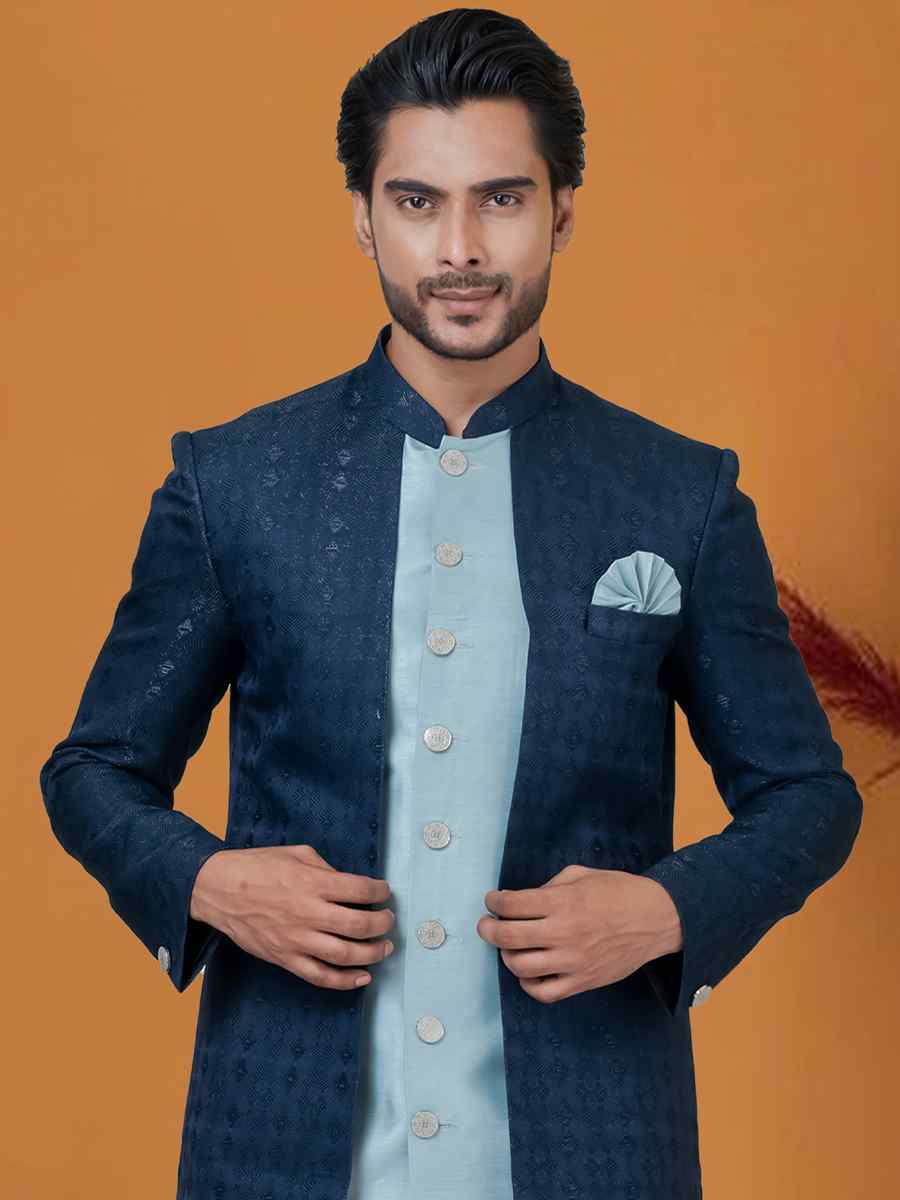 Navy Blue Jacquard Silk Woven Groom Wedding Sherwani