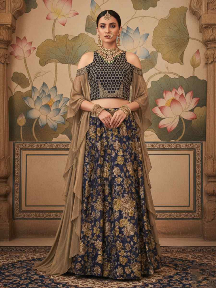Image of Navy Blue Jacquard Velvet Embroidered Wedding Reception Festival Heavy Border Lehenga Choli