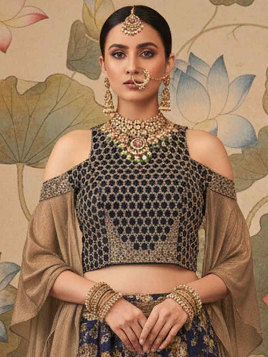 Navy Blue Jacquard Velvet Embroidered Wedding Reception Festival Heavy Border Lehenga Choli