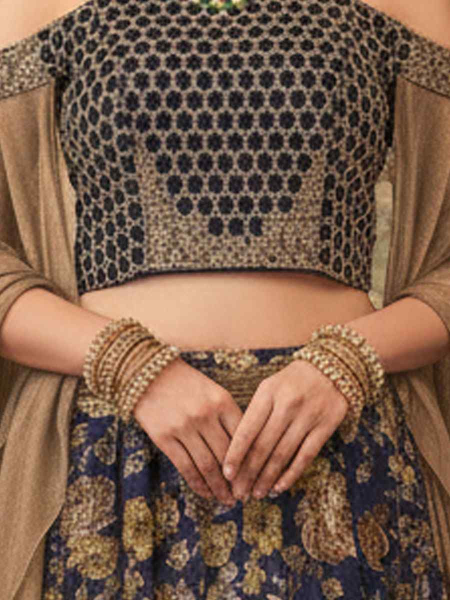 Navy Blue Jacquard Velvet Embroidered Wedding Reception Festival Heavy Border Lehenga Choli