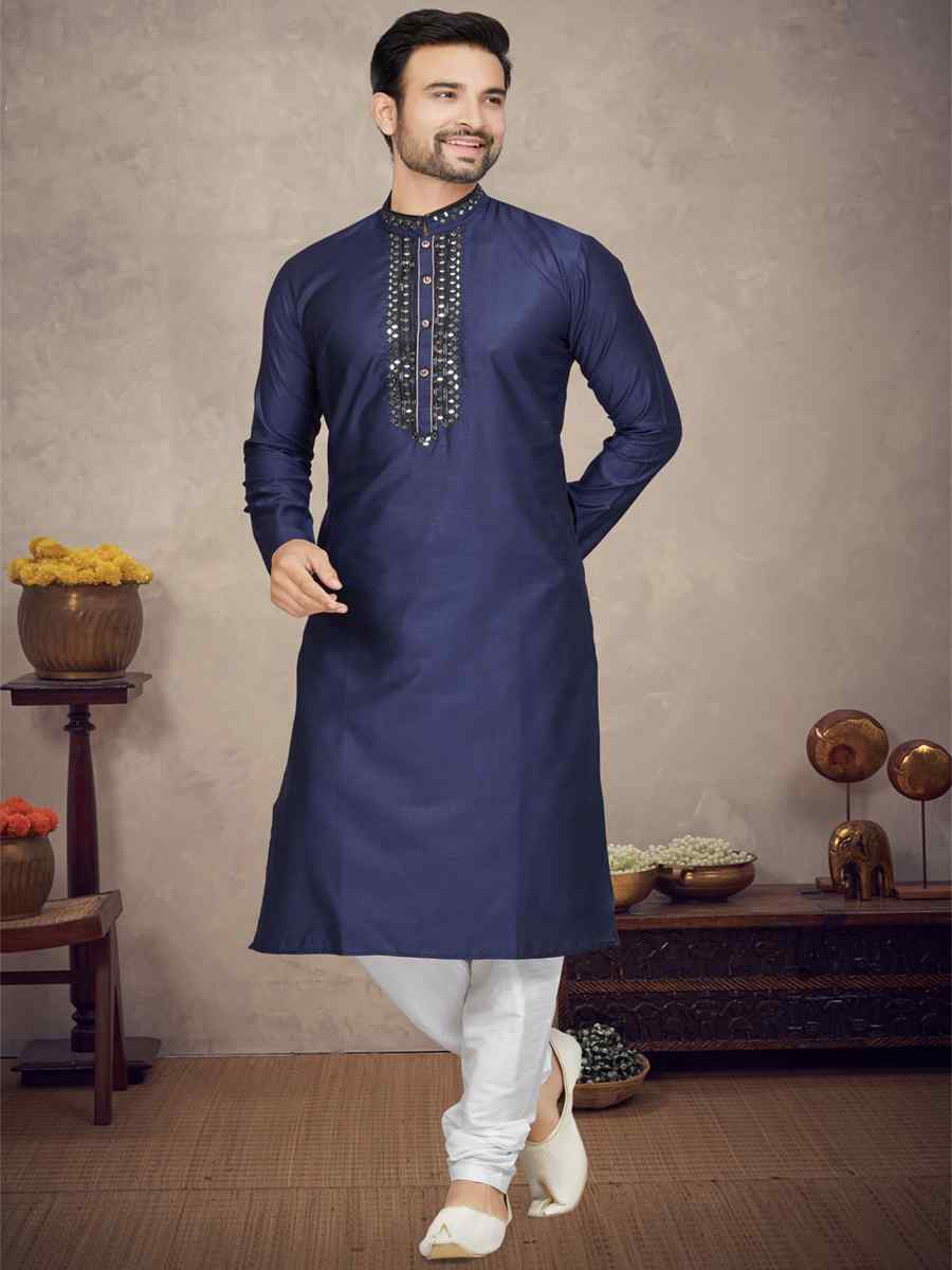 Navy Blue Jacquard Woven Festival Mehendi Kurta