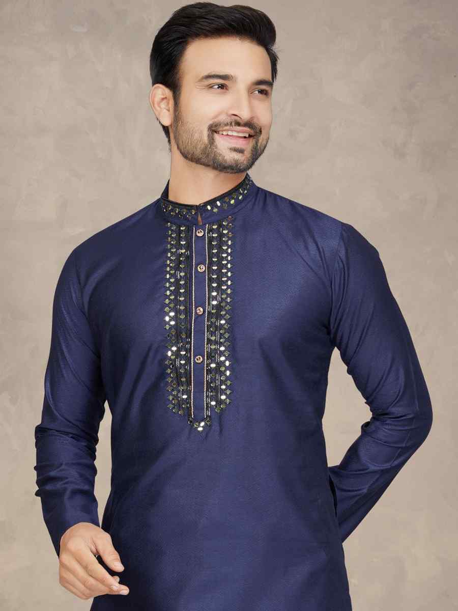 Navy Blue Jacquard Woven Festival Mehendi Kurta