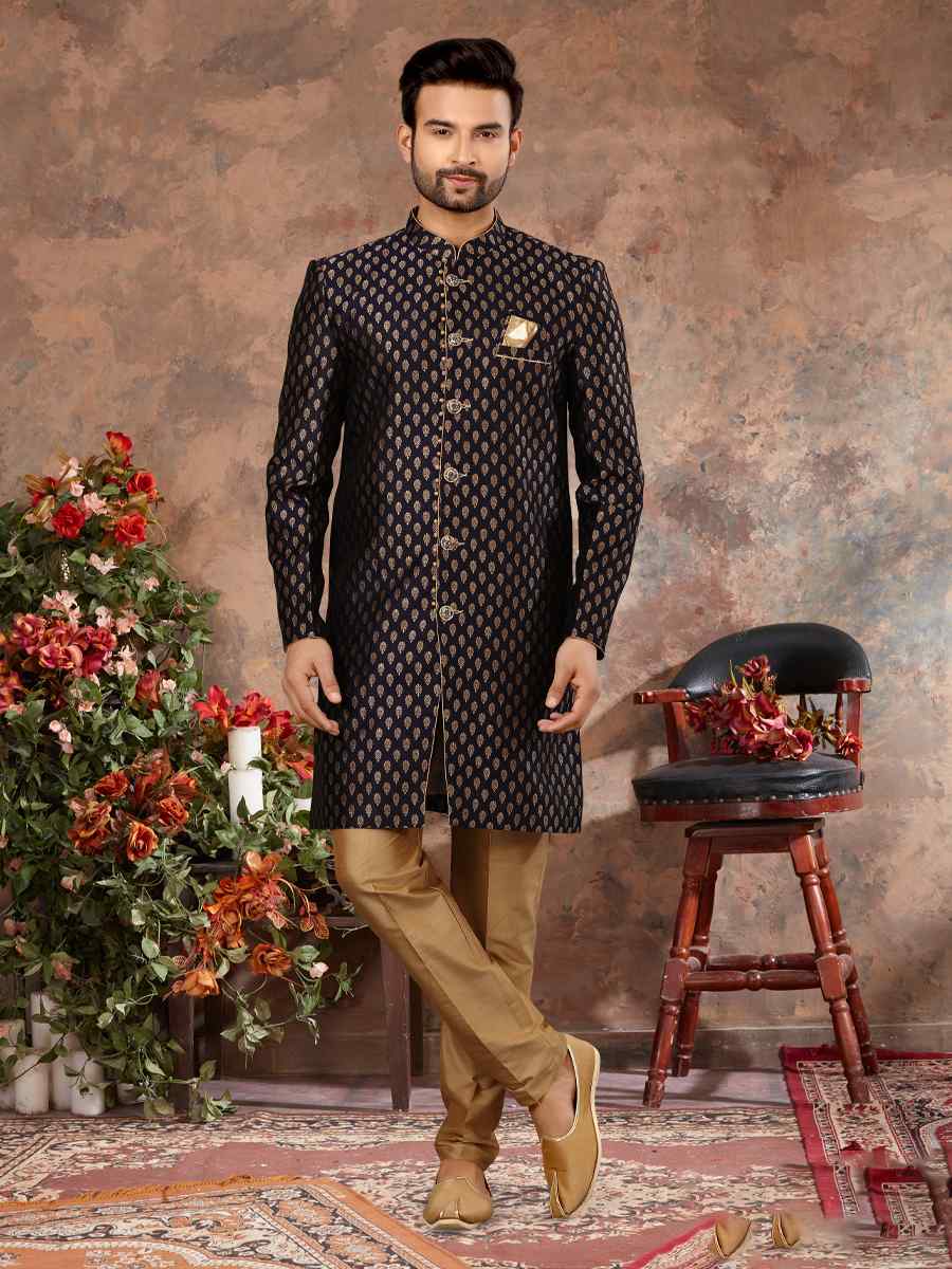 Navy Blue Jacquard Woven Festival Wedding Sherwani