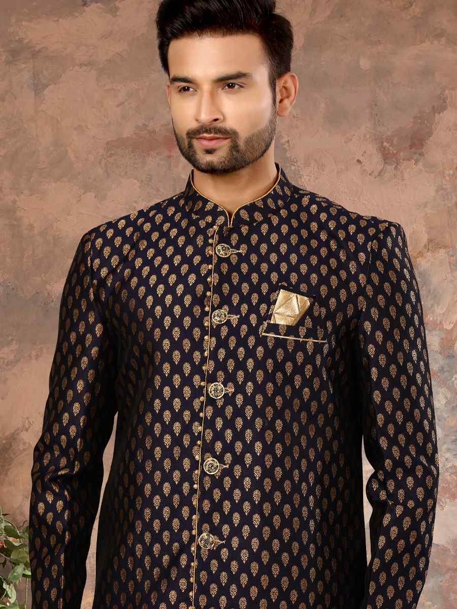 Navy Blue Jacquard Woven Festival Wedding Sherwani