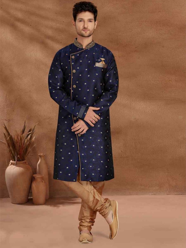 Navy Blue Jacquard Woven Party Wedding Kurta