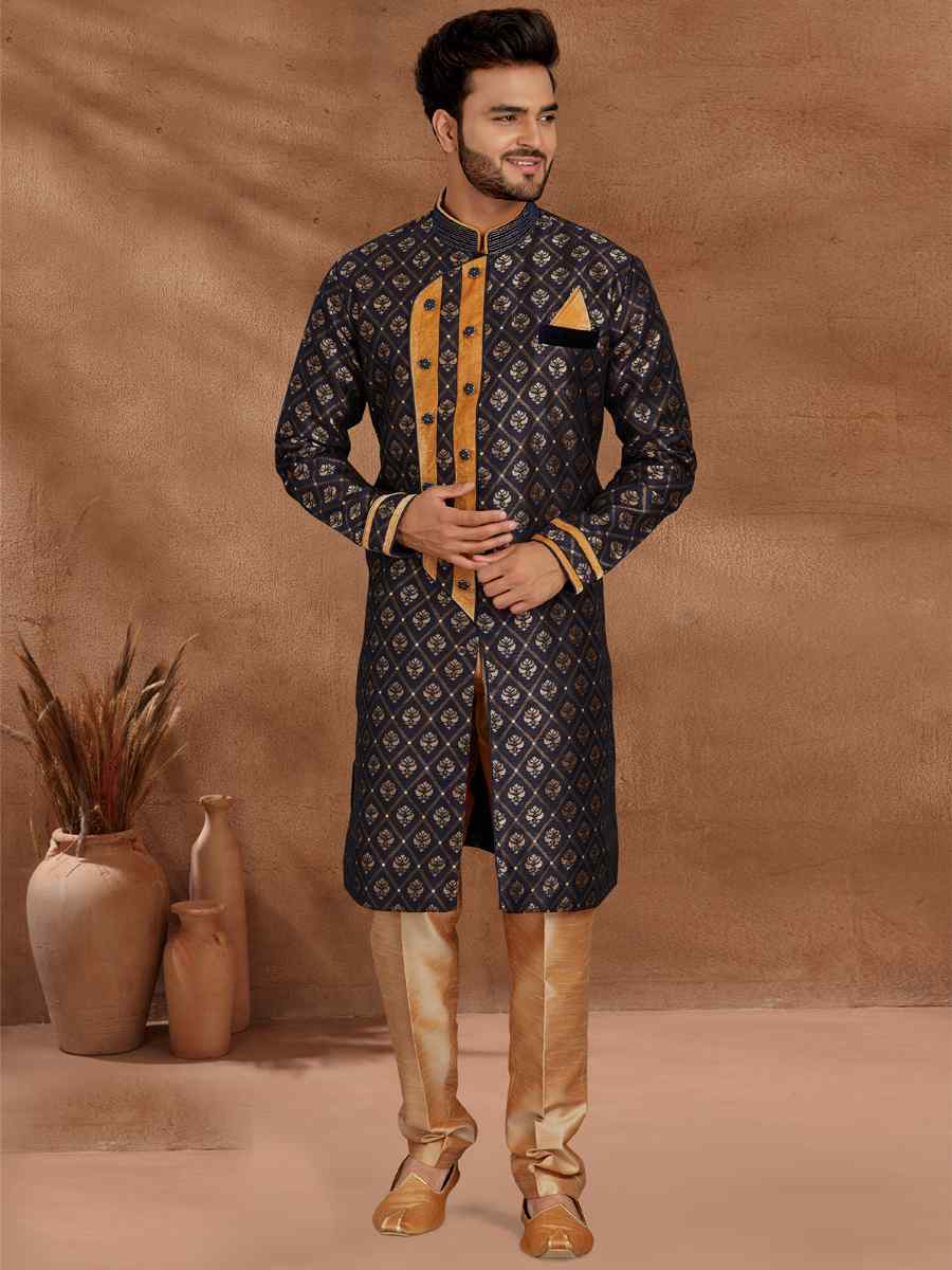Navy Blue Jacquard Woven Party Wedding Kurta
