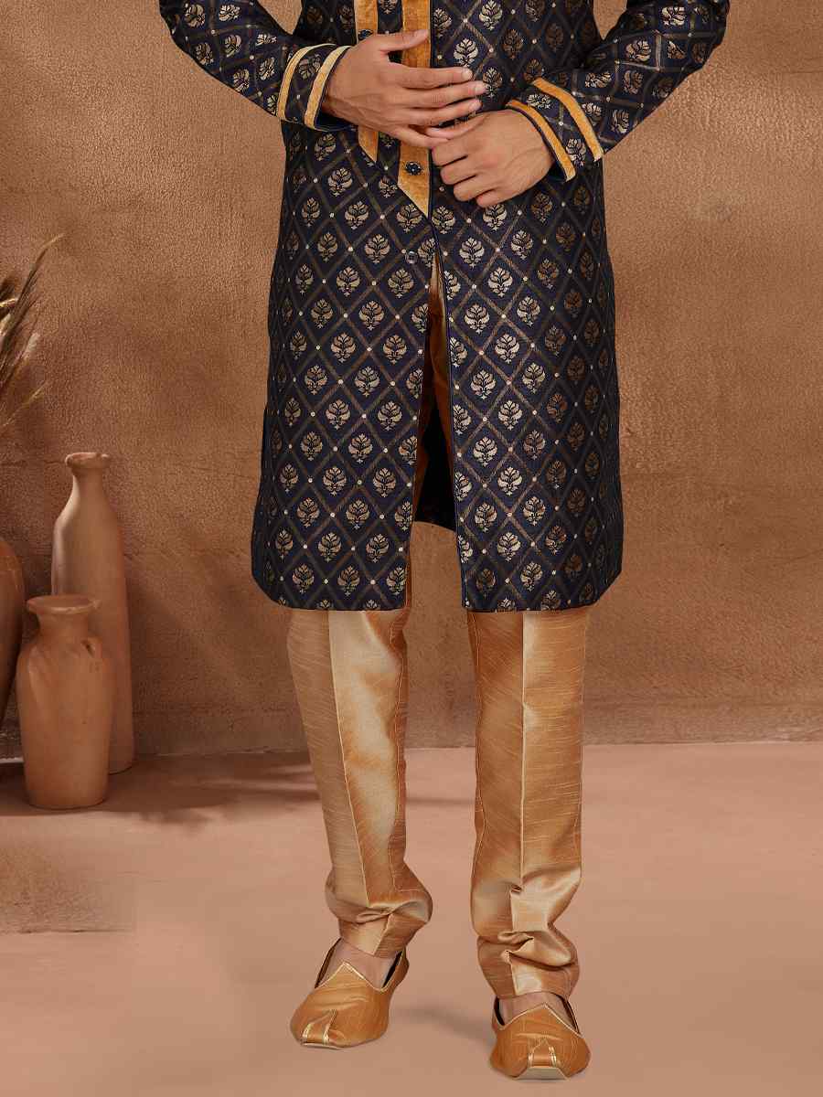 Navy Blue Jacquard Woven Party Wedding Kurta