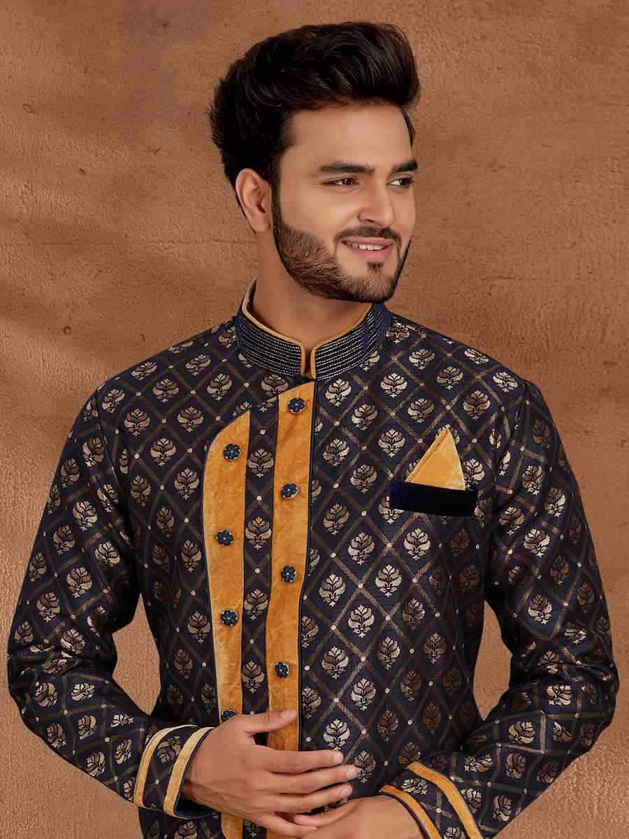 Navy Blue Jacquard Woven Party Wedding Kurta