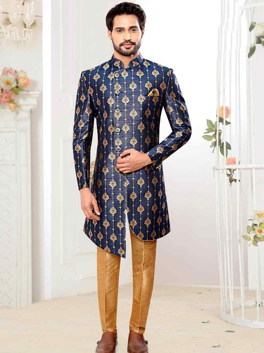 Navy Blue Jacquard Woven Party Wedding Sherwani