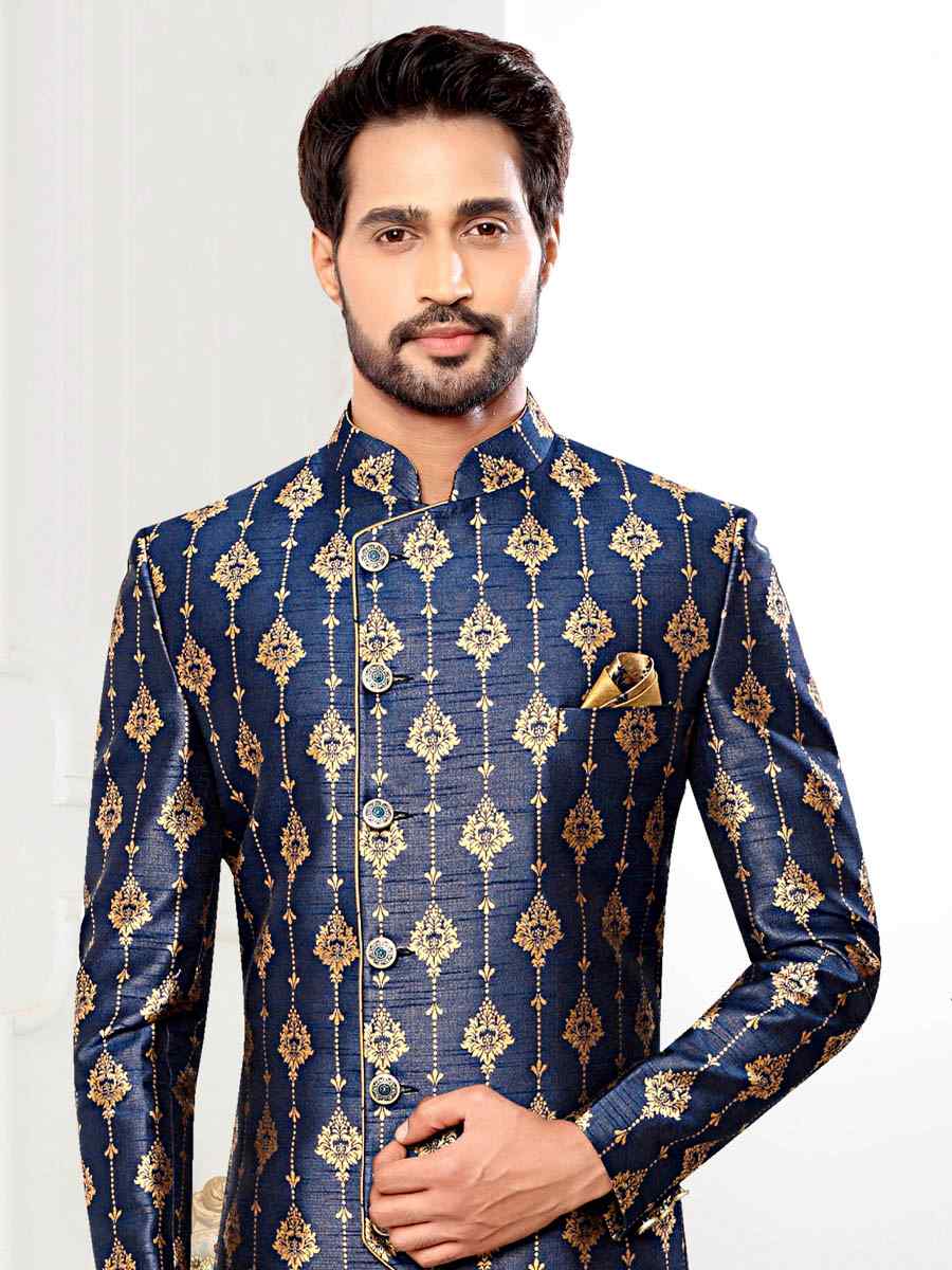 Navy Blue Jacquard Woven Party Wedding Sherwani
