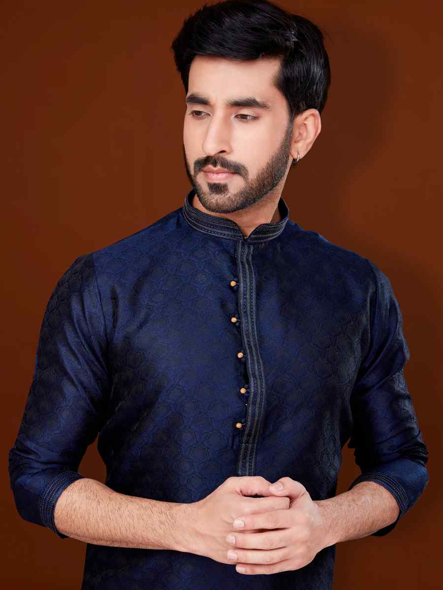 Navy Blue Jacquard Woven Wedding Festival Kurta