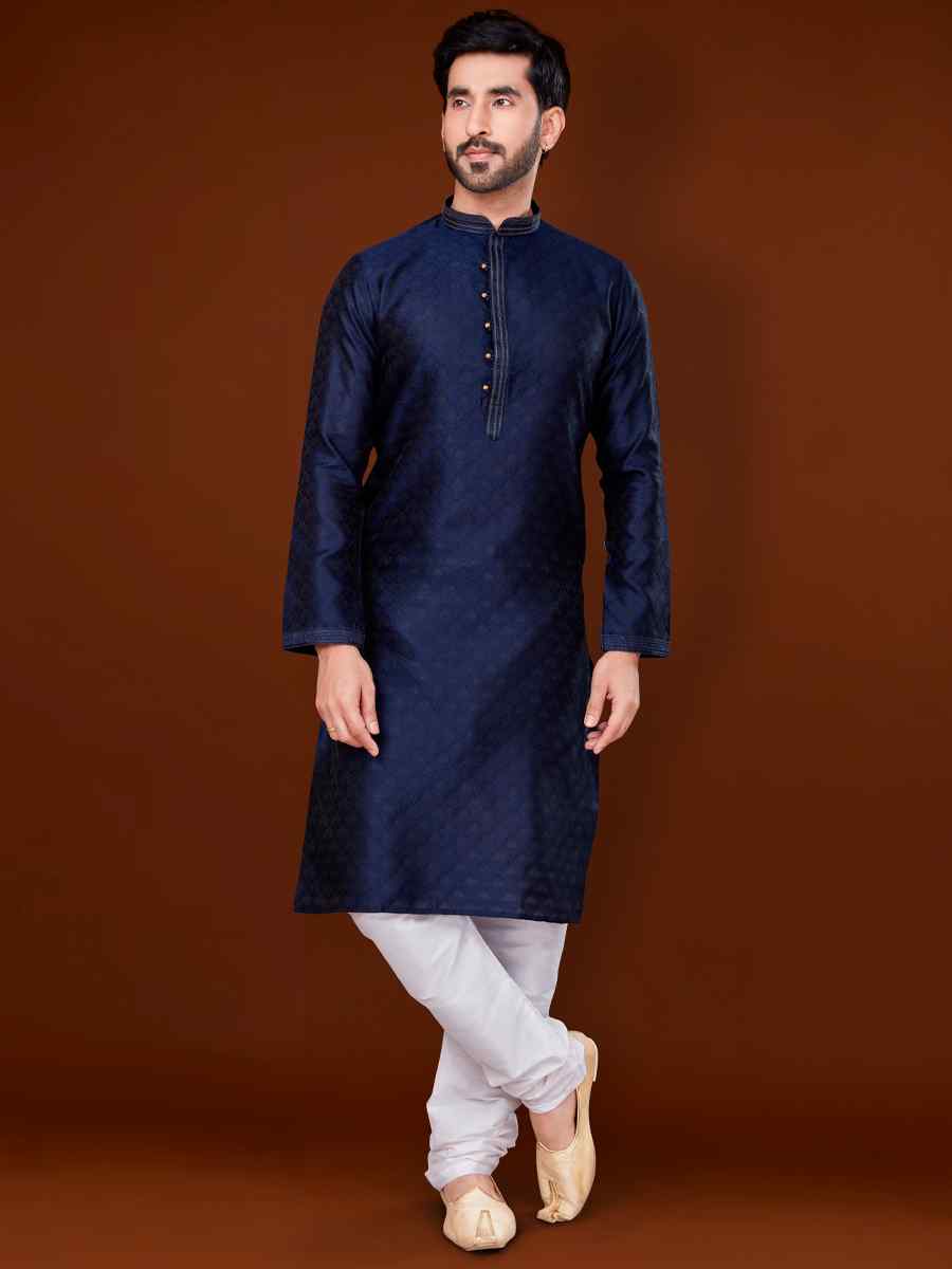 Navy Blue Jacquard Woven Wedding Festival Kurta