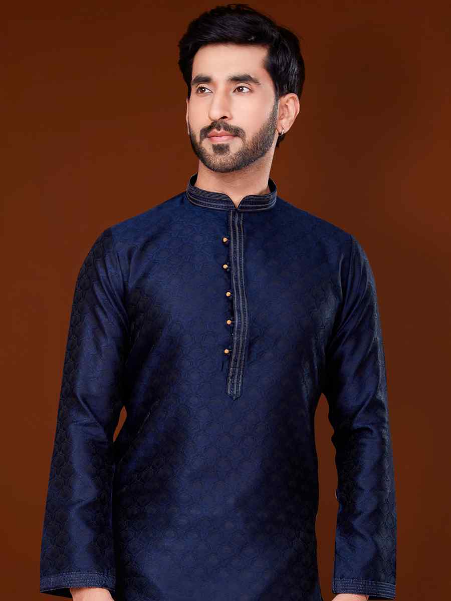 Navy Blue Jacquard Woven Wedding Festival Kurta
