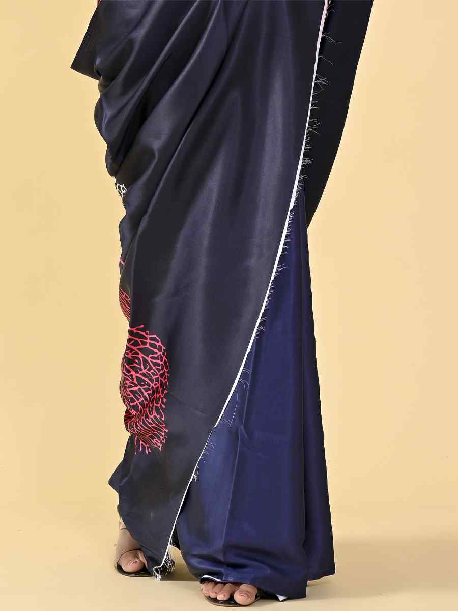 Navy Blue Japan Satin Silk Printed Casual Party Contemporary Saree