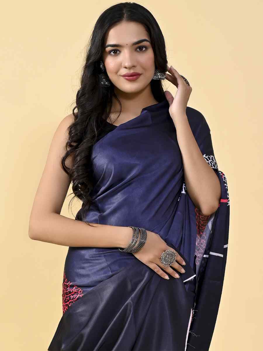 Navy Blue Japan Satin Silk Printed Casual Party Contemporary Saree