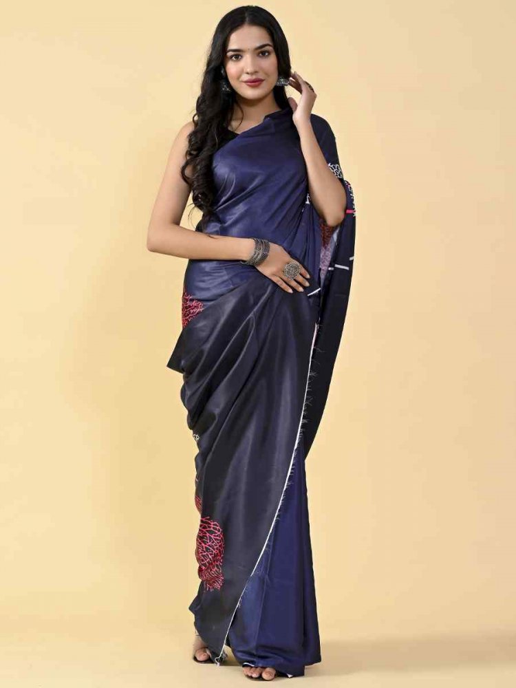 Navy Blue Japan Satin Silk Printed Casual Party Contemporary Saree