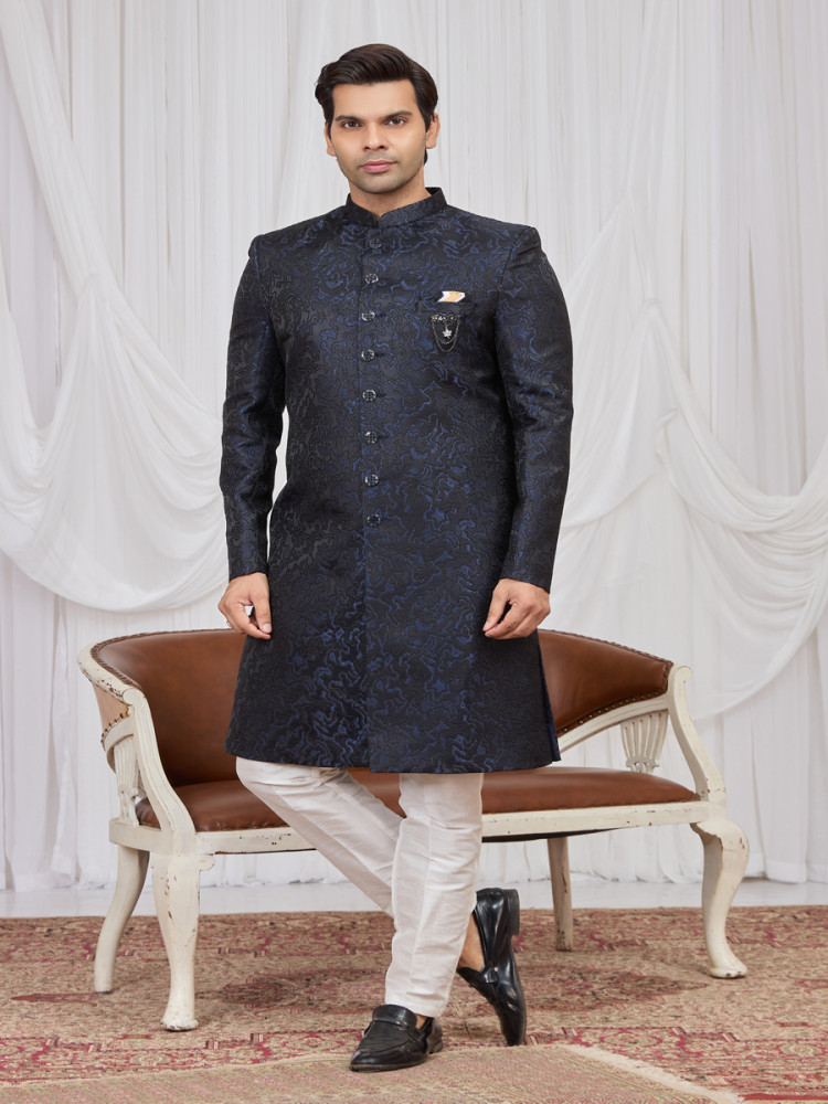 Image of Navy blue Jaquard fabric Embroidery Wedding Party Festival Groom Sherwani
