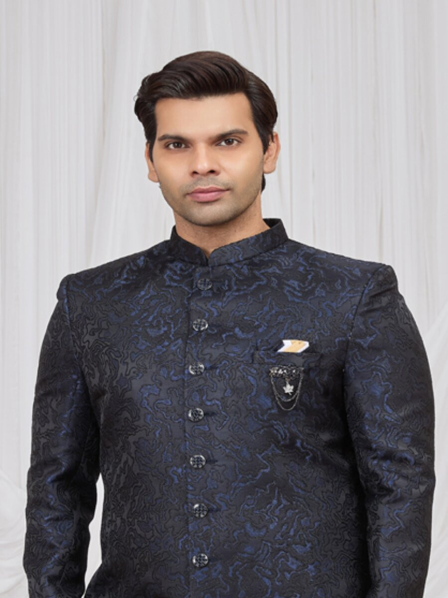 Navy blue Jaquard fabric Embroidery Wedding Party Festival Groom Sherwani