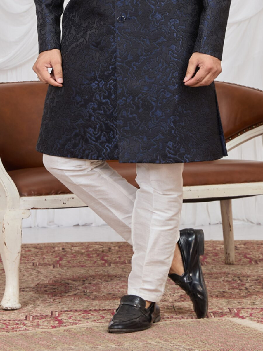 Navy blue Jaquard fabric Embroidery Wedding Party Festival Groom Sherwani