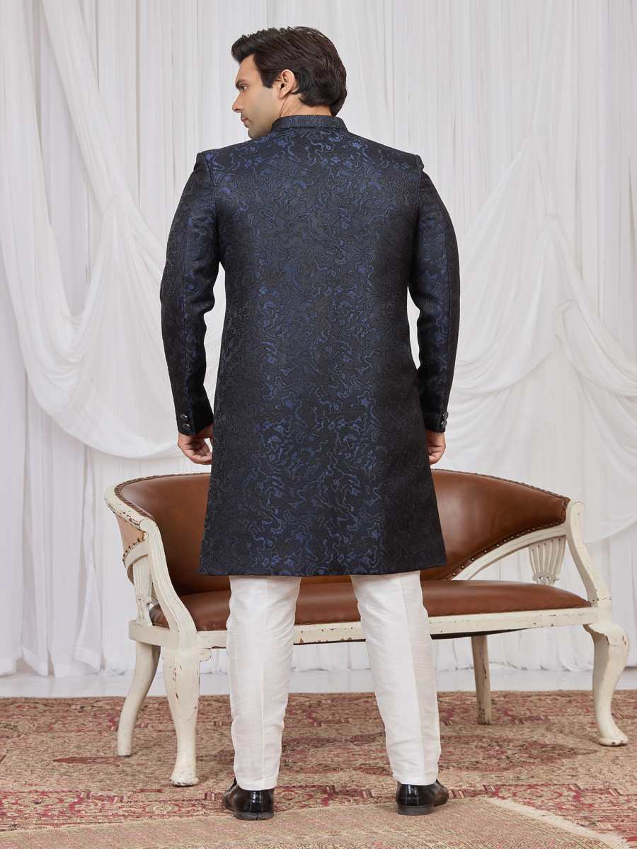 Navy blue Jaquard fabric Embroidery Wedding Party Festival Groom Sherwani
