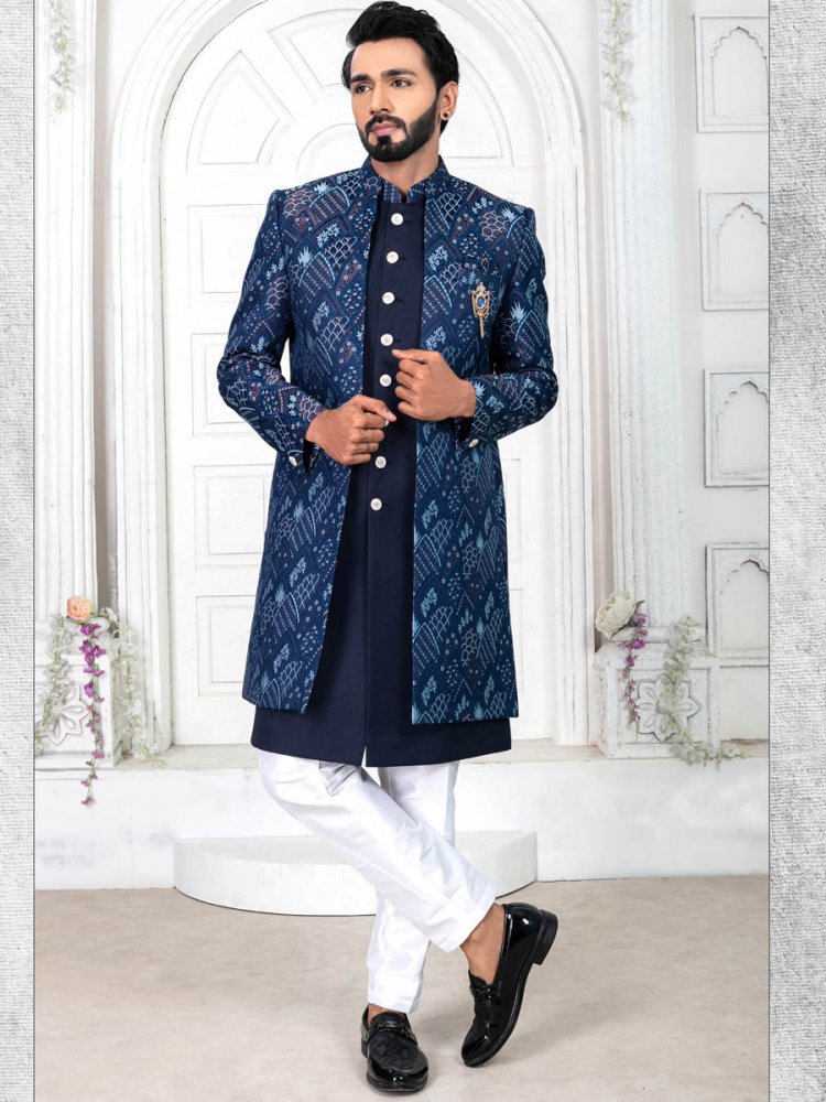 Navy Blue Jecquard Embroidered Wedding Groom Sherwani