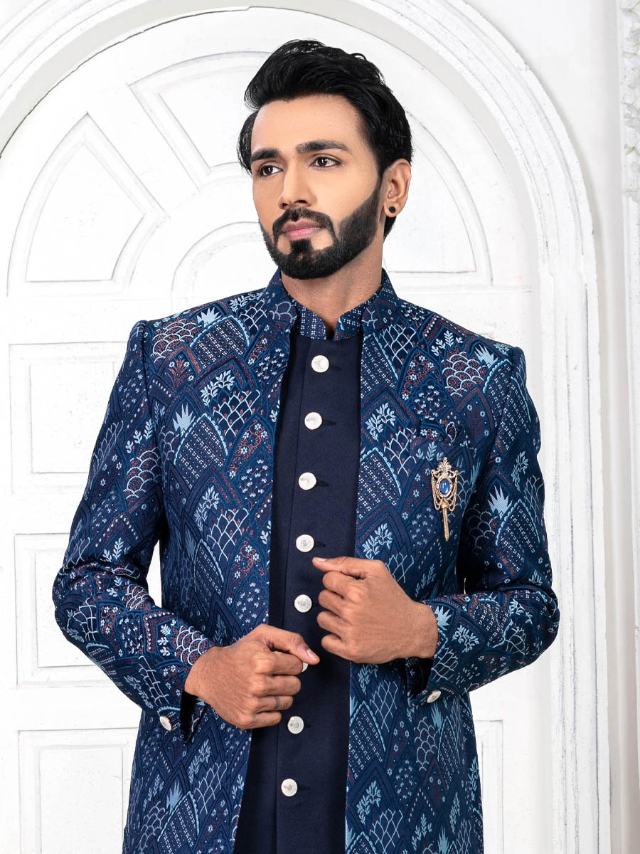 Navy Blue Jecquard Embroidered Wedding Groom Sherwani