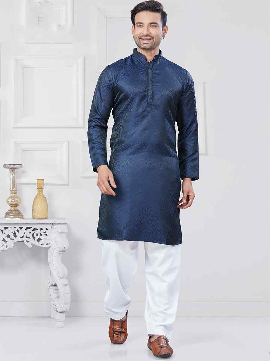 Navy Blue Jecquard Silk With Digital Print Festival Casual Kurta