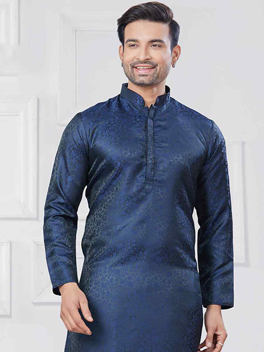 Navy Blue Jecquard Silk With Digital Print Festival Casual Kurta