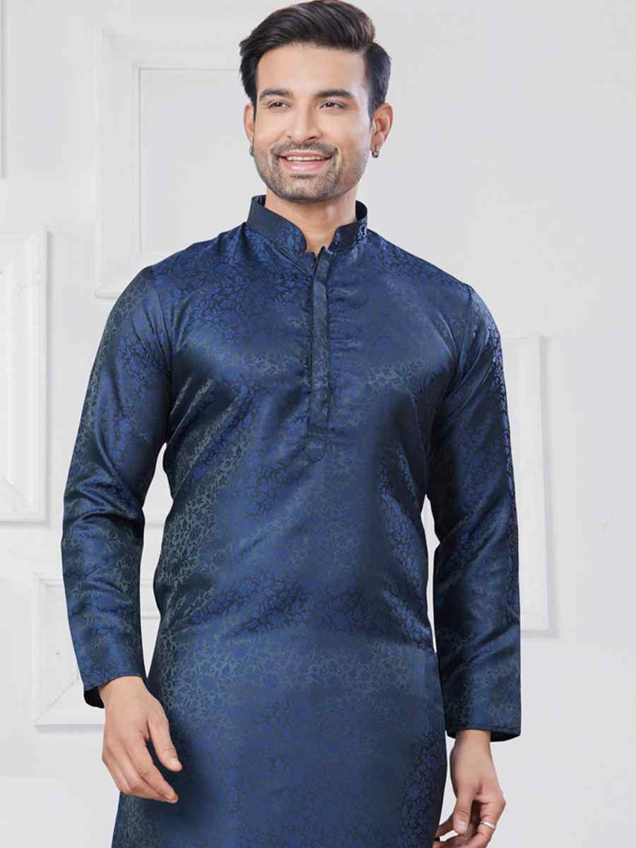 Navy Blue Jecquard Silk With Digital Print Festival Casual Kurta