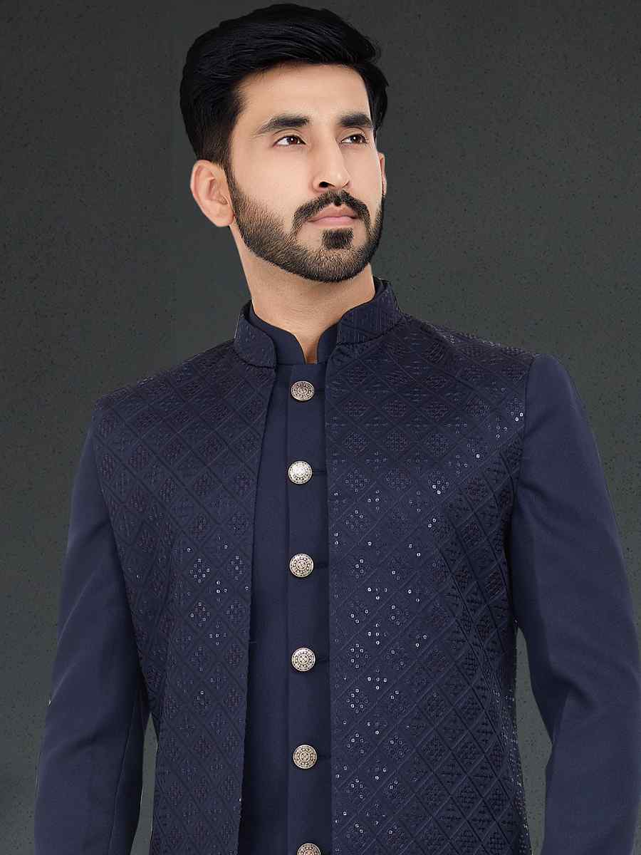 Navy Blue Jecquard Woven Festival Party Sherwani