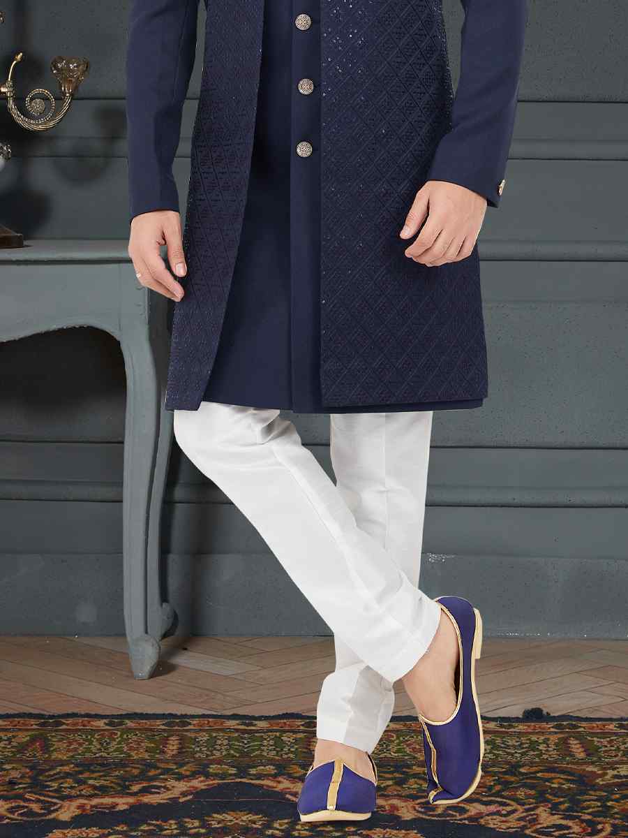 Navy Blue Jecquard Woven Festival Party Sherwani