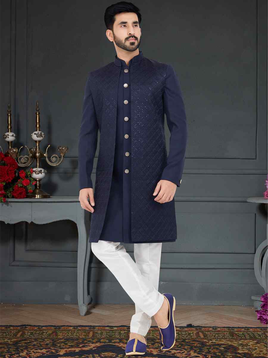 Navy Blue Jecquard Woven Festival Party Sherwani