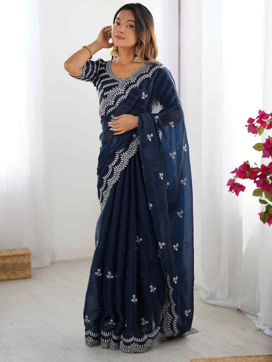 Navy Blue Jimmy Chu Embroidered Festival Wedding Fancy Heavy Border Saree