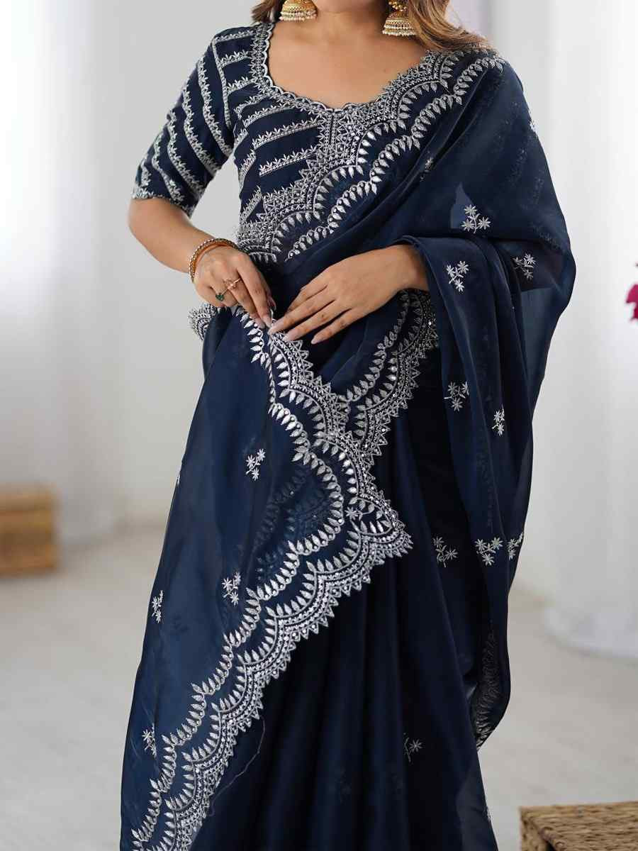 Navy Blue Jimmy Chu Embroidered Festival Wedding Fancy Heavy Border Saree