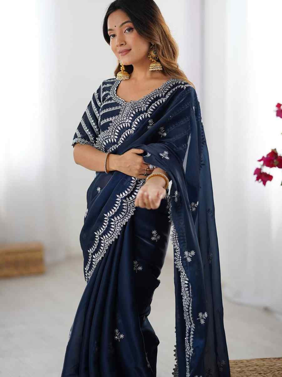 Navy Blue Jimmy Chu Embroidered Festival Wedding Fancy Heavy Border Saree