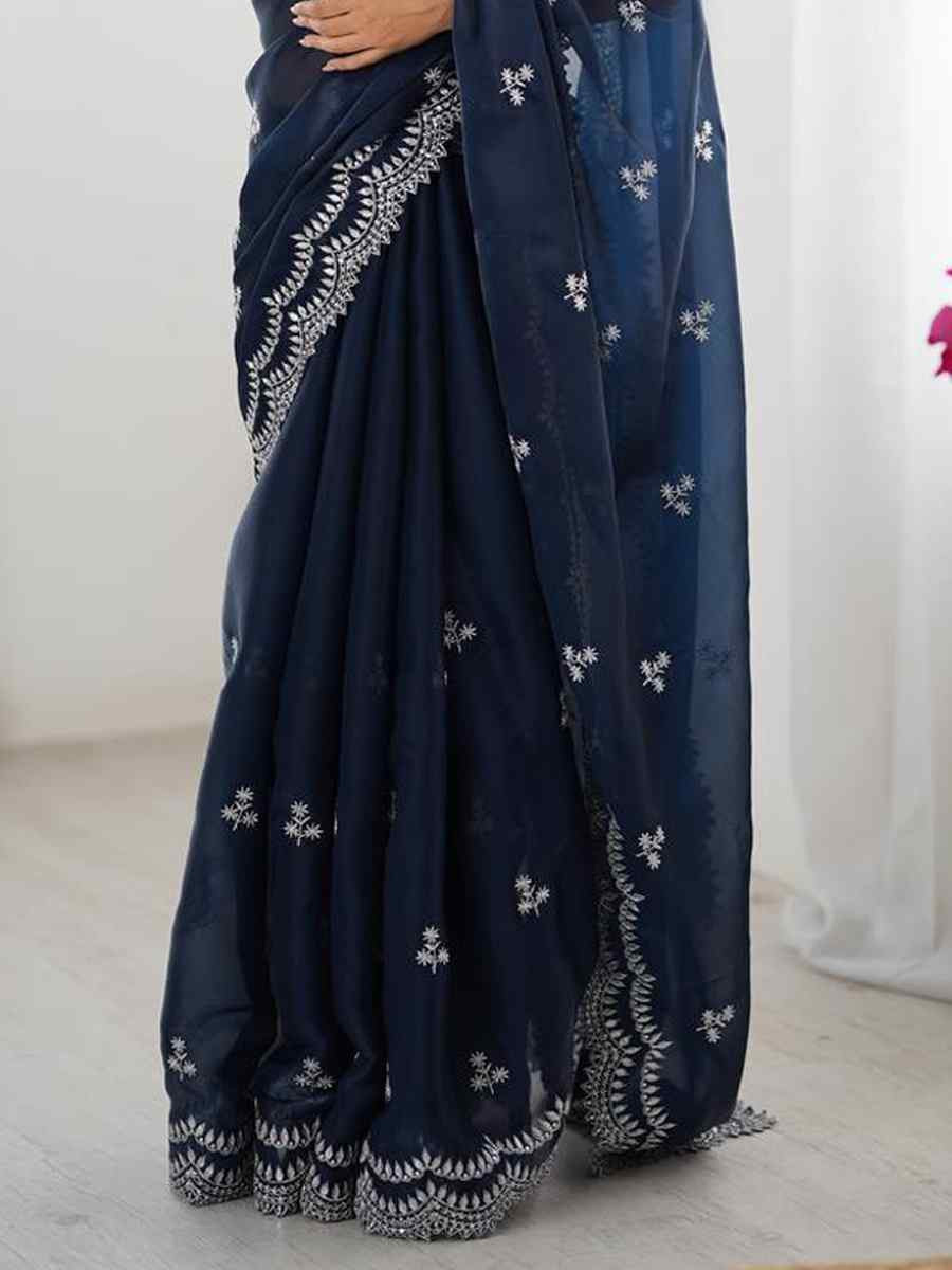 Navy Blue Jimmy Chu Embroidered Festival Wedding Fancy Heavy Border Saree