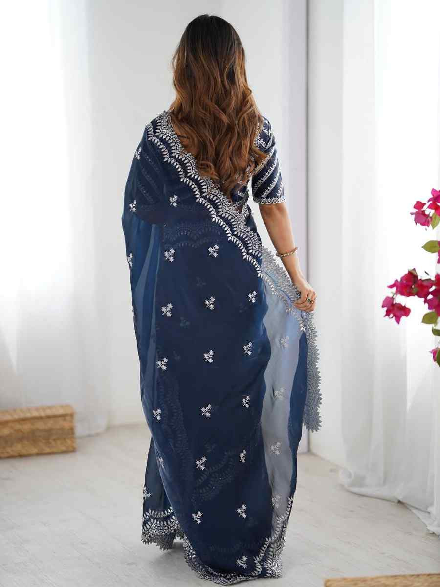 Navy Blue Jimmy Chu Embroidered Festival Wedding Fancy Heavy Border Saree