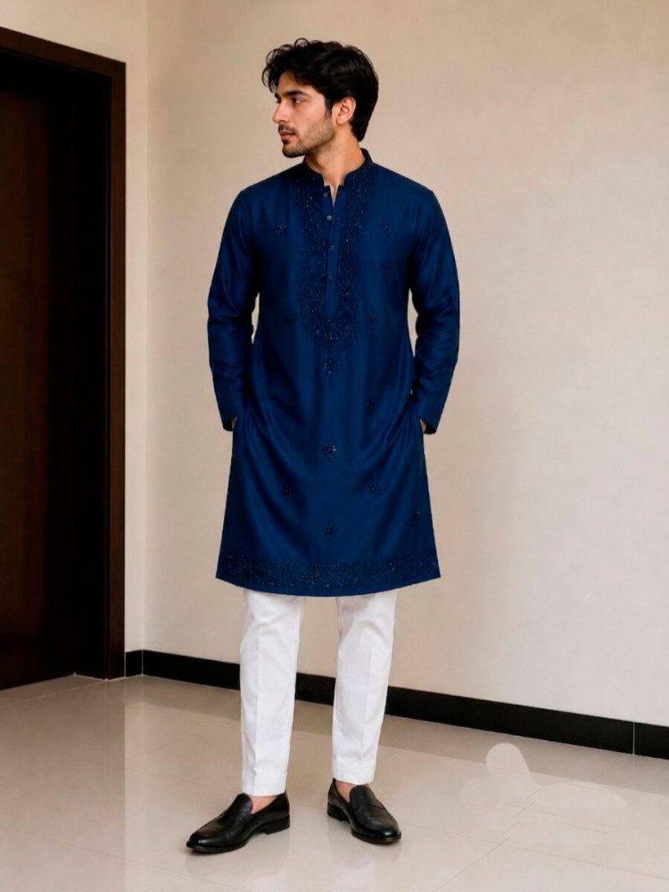 Image of Navy Blue Junior Cotton Embroidery Beads Work Wedding Party Festival Casual Mens Wear Kurta