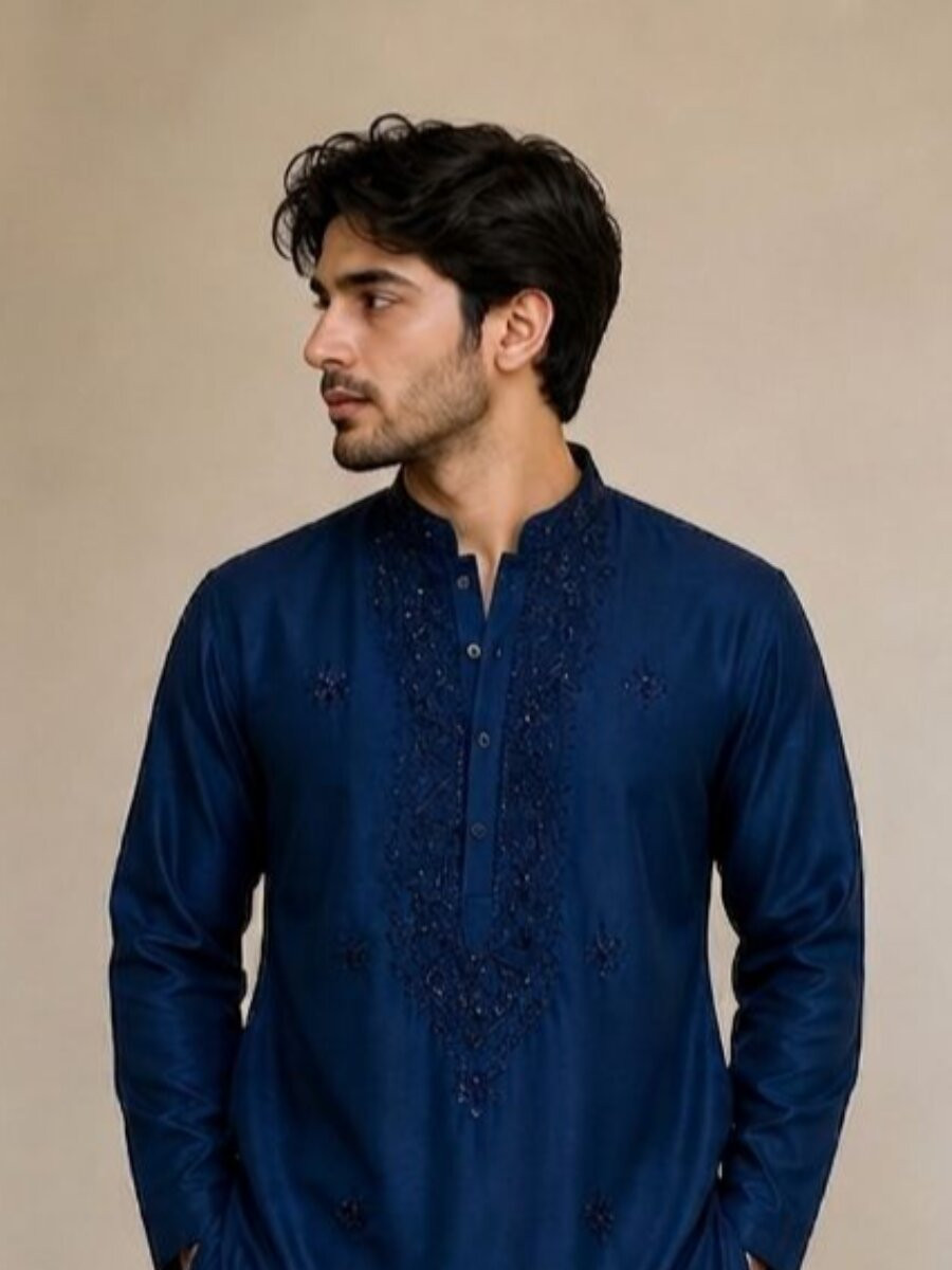 Navy Blue Junior Cotton Embroidery Beads Work Wedding Party Festival Casual Mens Wear Kurta