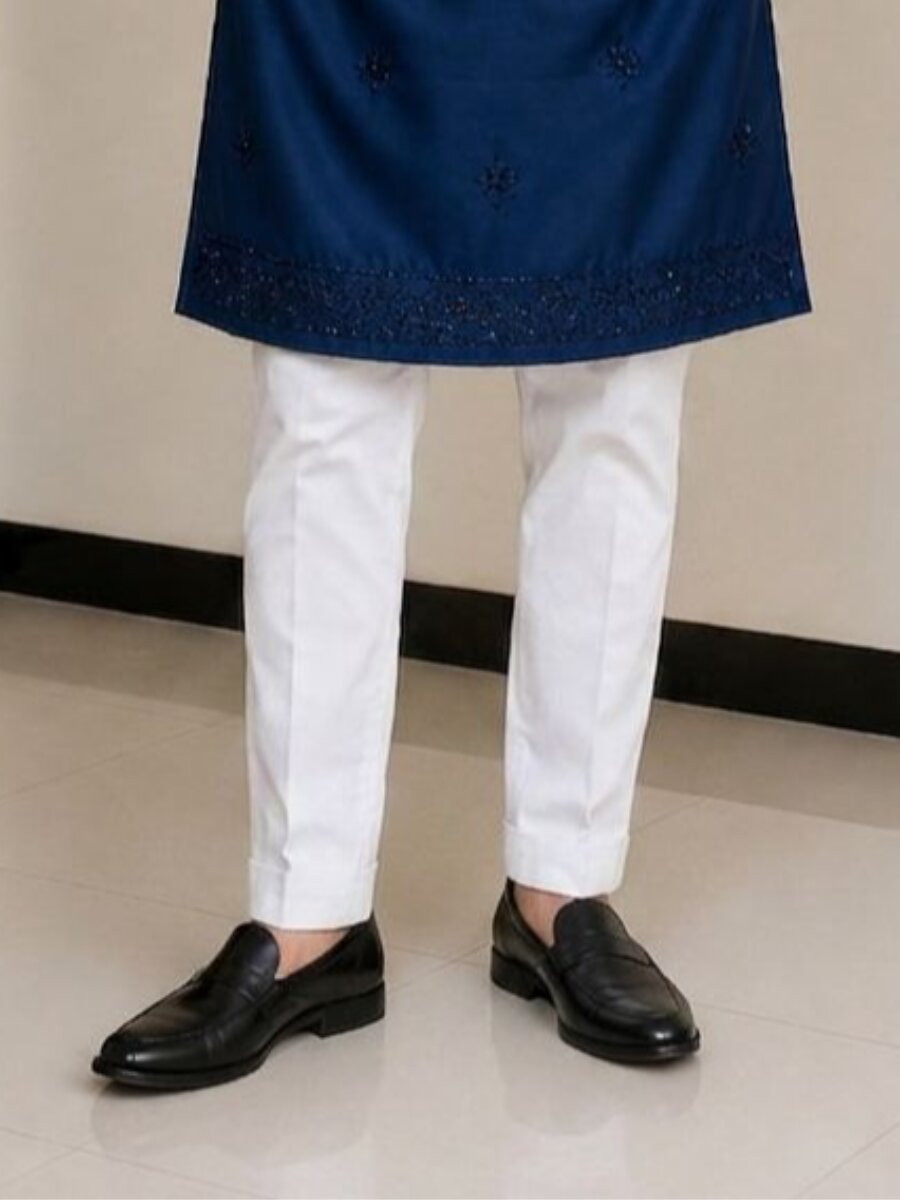 Navy Blue Junior Cotton Embroidery Beads Work Wedding Party Festival Casual Mens Wear Kurta