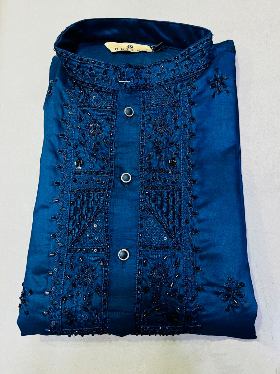 Navy Blue Junior Cotton Embroidery Beads Work Wedding Party Festival Casual Mens Wear Kurta