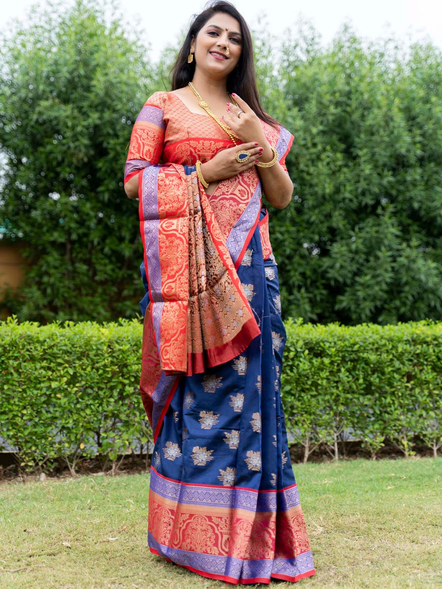 Navy Blue Kanchipuram Weaving Silk Handwoven Wedding Festival Heavy Border Saree